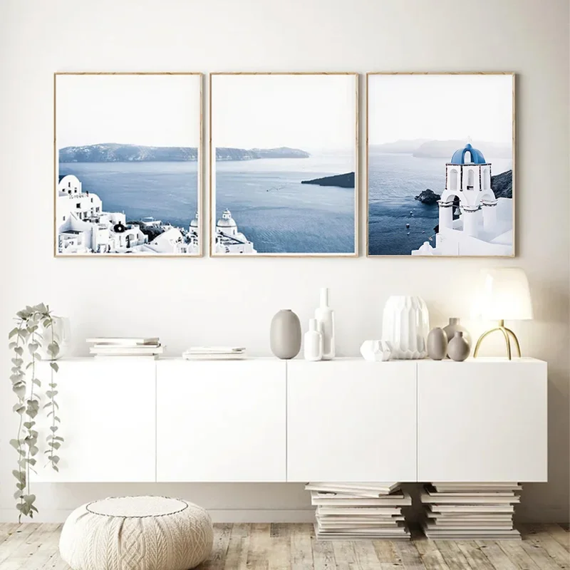 Santorini Greece Light Blue Print Poster Travel City Art Modern Minimalist Bedroom Decoration Canvas Painting Wall Art