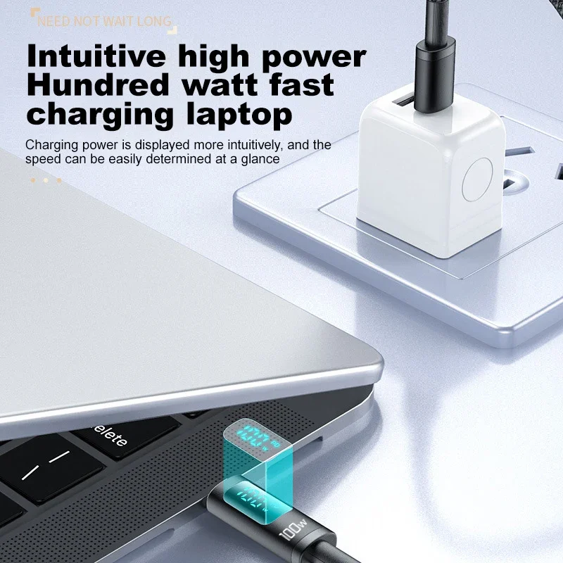 PD 100W 5A Braided Super Fast Charging Usb C To Type C Cable with Led Display for Iphone 16/15 Pro Max Plus for Oppo Xiaomi