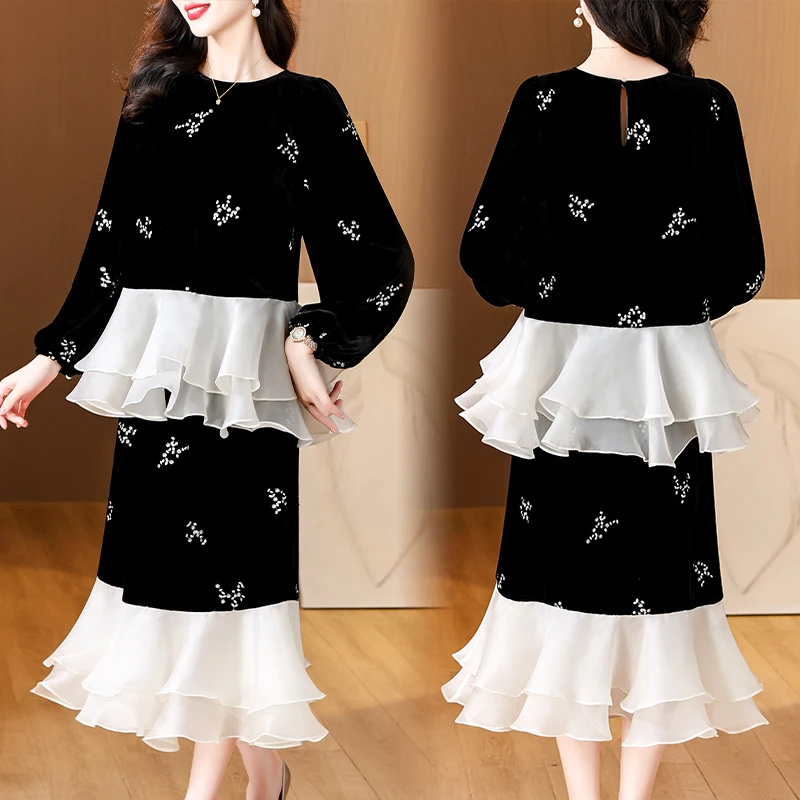 2024 Women Korean Elegant Luxury Two Piece Sets Autumn Winter Black Velvet Patchwork Mesh Top Coat+Half Length Skirt Kawaii Suit