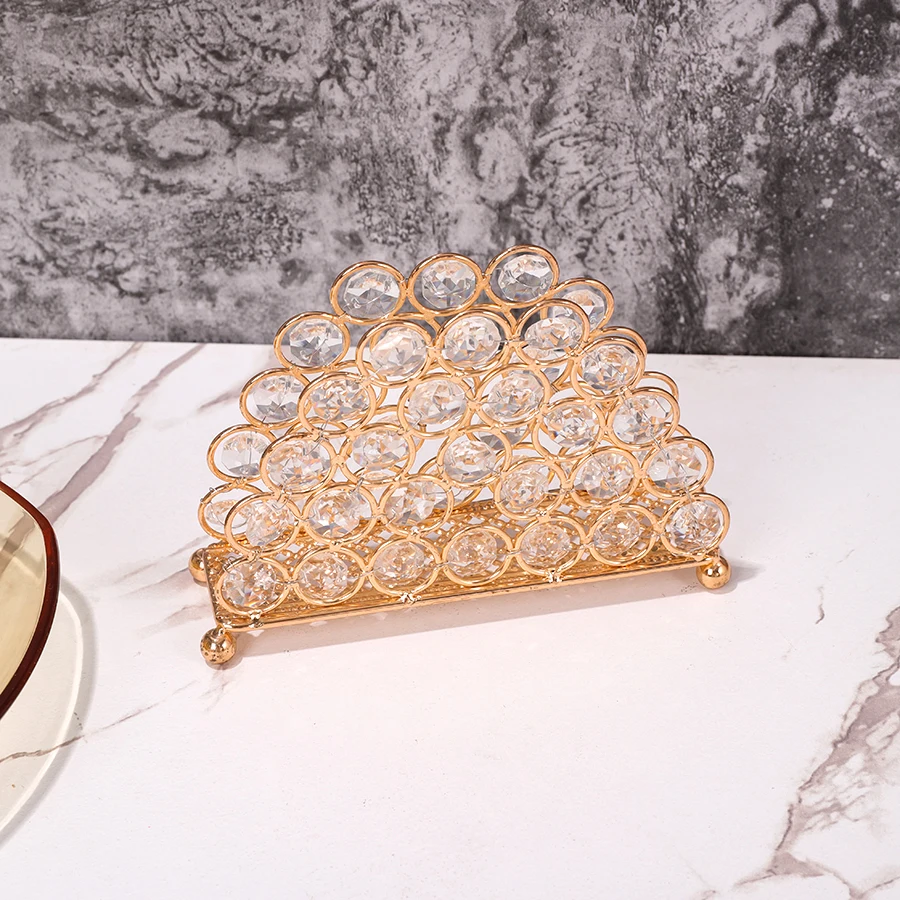 1pc Golden Crystal Napkin Holder Rhinestone Semicircle Napkin Holder with Flower Base,Gold Napkin Storage Rack For Dining Table