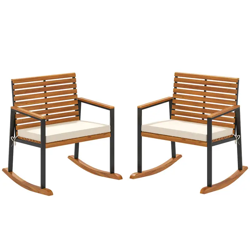 

Outsunny Acacia Wood Outdoor Lawn Rocking Chair Set of 2, Outdoor Patio Rocking Chairs with Armrests, Cushion, Cream White