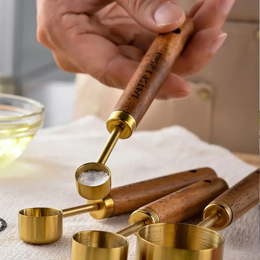 Stainless Steel Measuring Cups Spoons Gold Wooden Handle Baking Tools Mini Tea Spoon Sugar Salt Spice Spoon