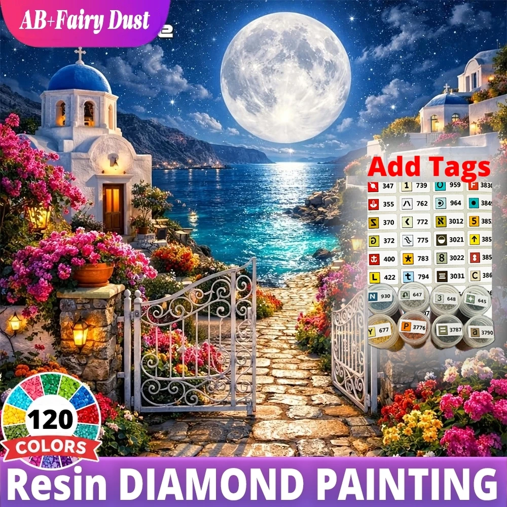 120 Color Resin greek village moonlight gate Landscape Mystic AB Fairy Dust Diamond Painting Kit Full Square Round Mosaic Home D