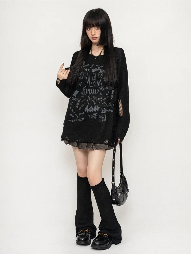 Deeptown Coquette Korean Fashion Y2k Autumn Streetwear Broken Hole Sweaterkorean Knitted Pullover Fashion Loose Gyaru Harajuku