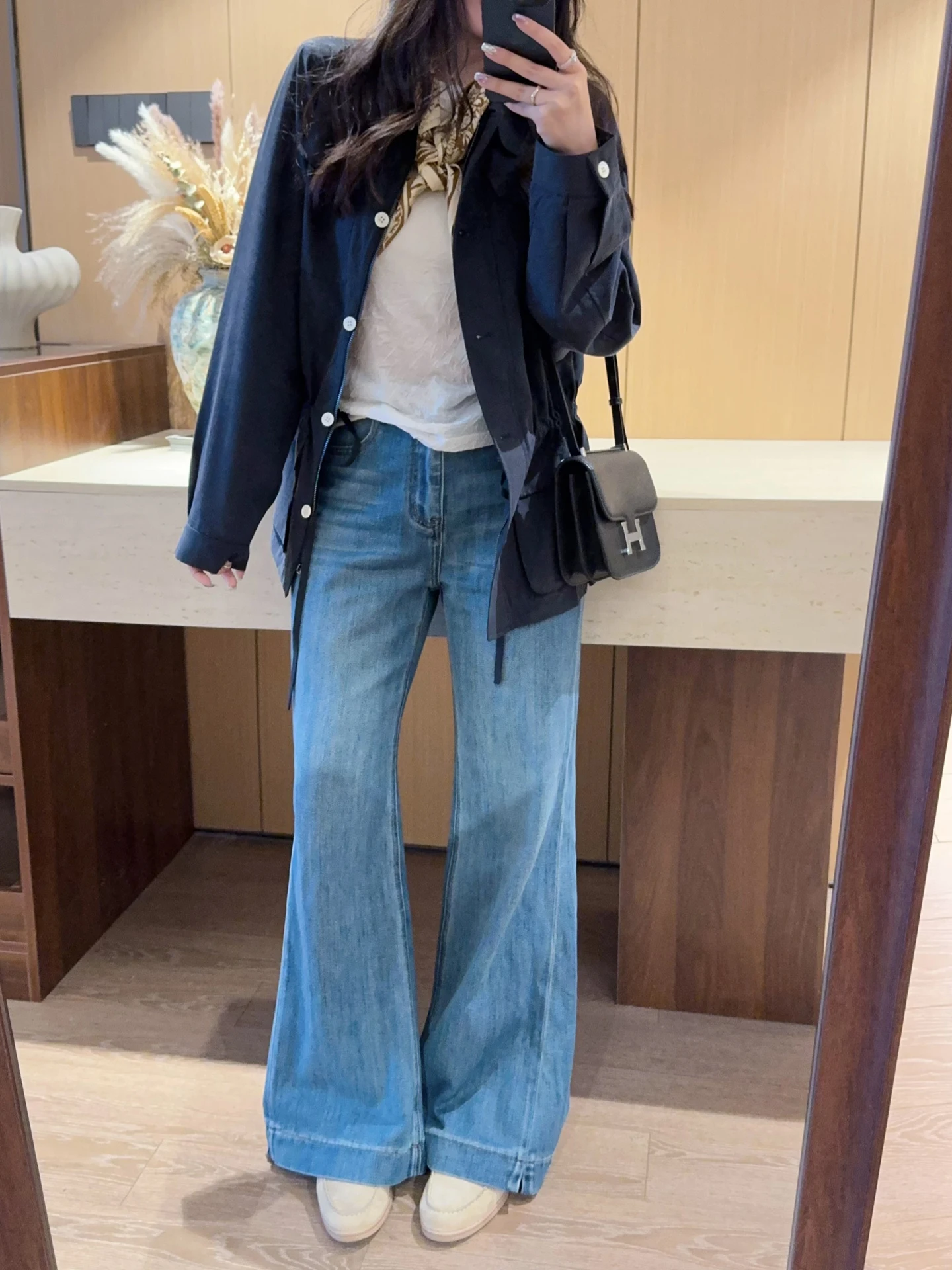 

Slimming Blue Jeans High Waist Straight Leg Bell Bot Women's Spring Summer New Sle Cotton Stretchl Stand Fit