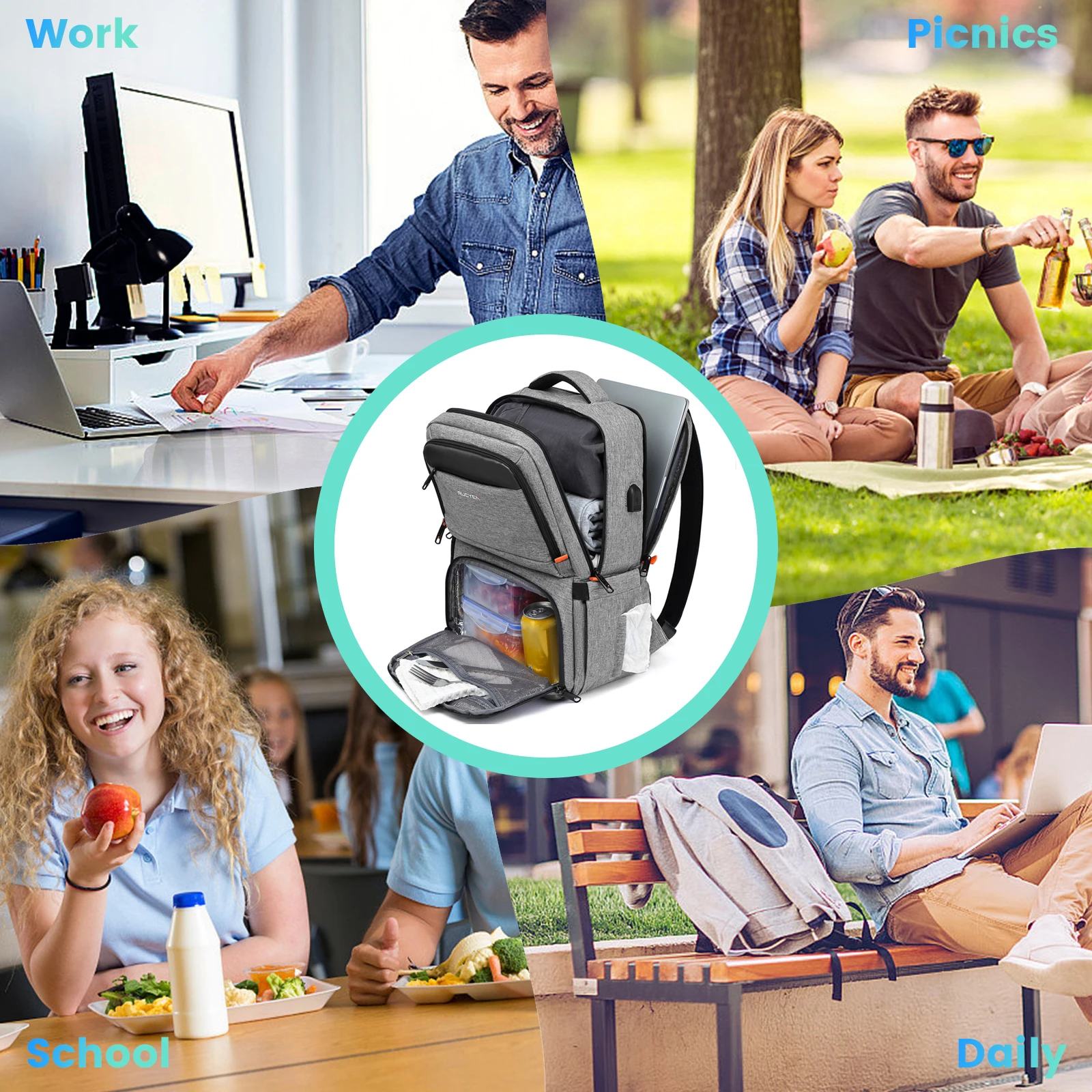 Lunch Backpack Insulated Cooler Backpack Lunch Box for Men Women 15.6 In RFID Blocking Laptop Backpack with USB Port Lunch Bag
