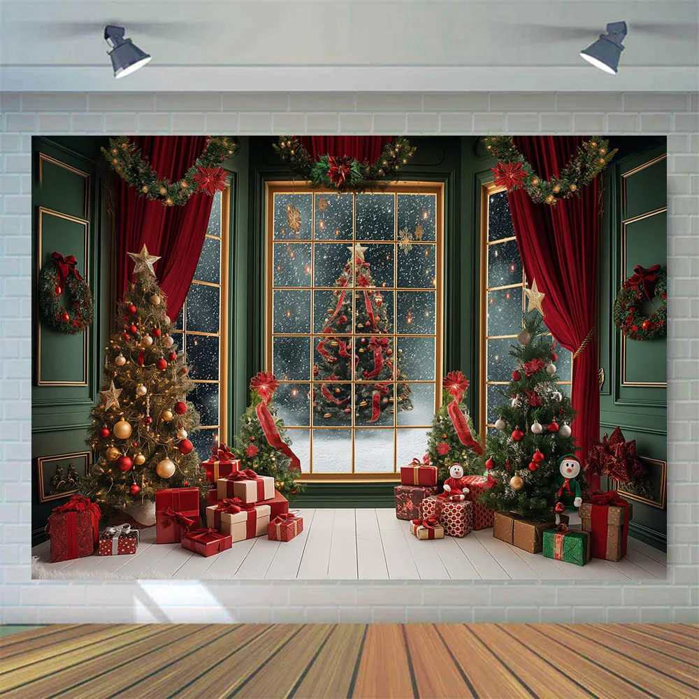 Mocsicka Christmas Backdrop Indoor Red Curtain Window Snow Scene Xmas Tree Wooden Floor Children Photo Background Shooting Props