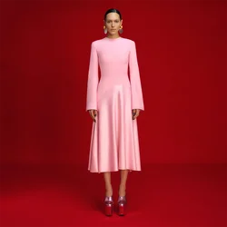 Pink A-line Evening Dress Customized Long Sleeves O Neck Tea Length Jersey Saudi Arab Prom Gown Arabian Formal Dresses
