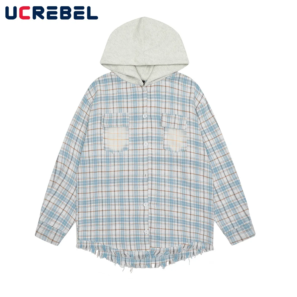 Raw Edge Plaid Hooded Shirts Mens Pocket Autumn High Street Single Breasted Long Sleeve Lapel Loose Shirts Men