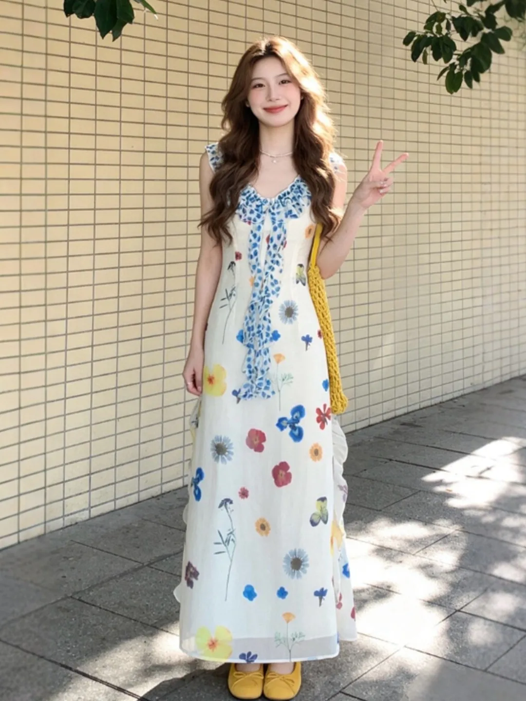 

Summer Beach Vacation Unique Print Slimming Fairy Long Dress Casual Cotton Gown with Sash High Waist Gentle Style for Women