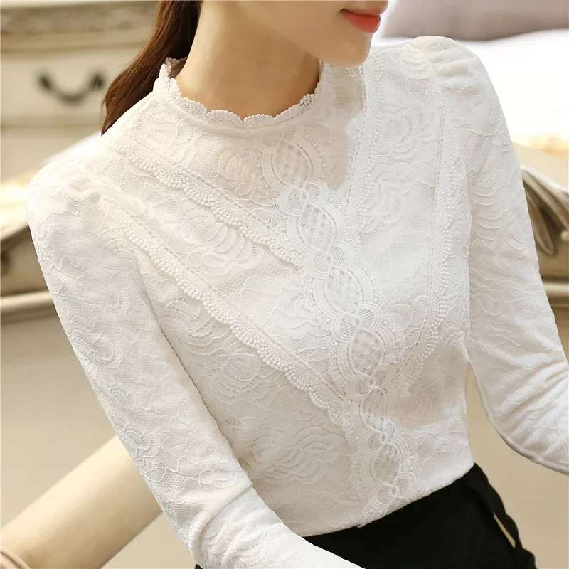 New Long Sleeve O-Neck Women Blouse Lace Adding Velvet Thickening Blouse Shirt Women Tops Blouses Shirts Blusas Para Mujer M645