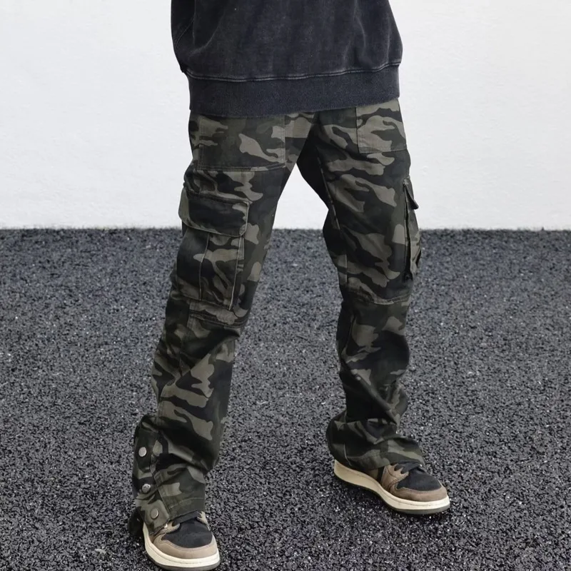 Streetwear Men Cargo Pants Hip-hop Distressed Camouflage Splash Flared Pants Men Women Pockets Drawstring Baggy Trousers