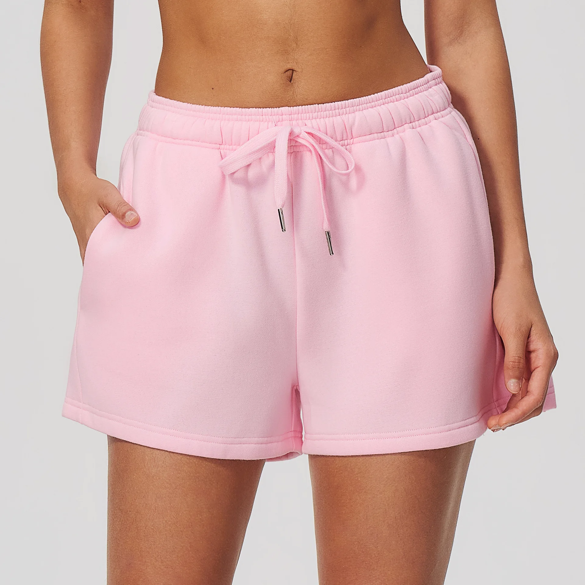Korean Style Short Sweatpants Casual Loose Elastic High Waist Sports Shorts Solid Color Pockets Workout Fitness Running Shorts