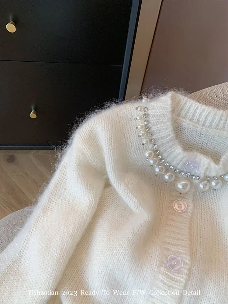 New Trend Women Mohair Cardigan O-Neck White Pearl Sweater Autumn Winter Long Sleeve Fashion Knitted Pullover Luxury Mori Girl