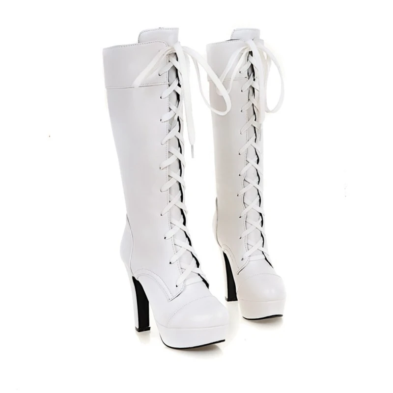 REAVE CAT British Ladies Knee High Boots Round Toe Lace Up 12CM Platforms Spike Heels Shoes Size 31-45 White A4206