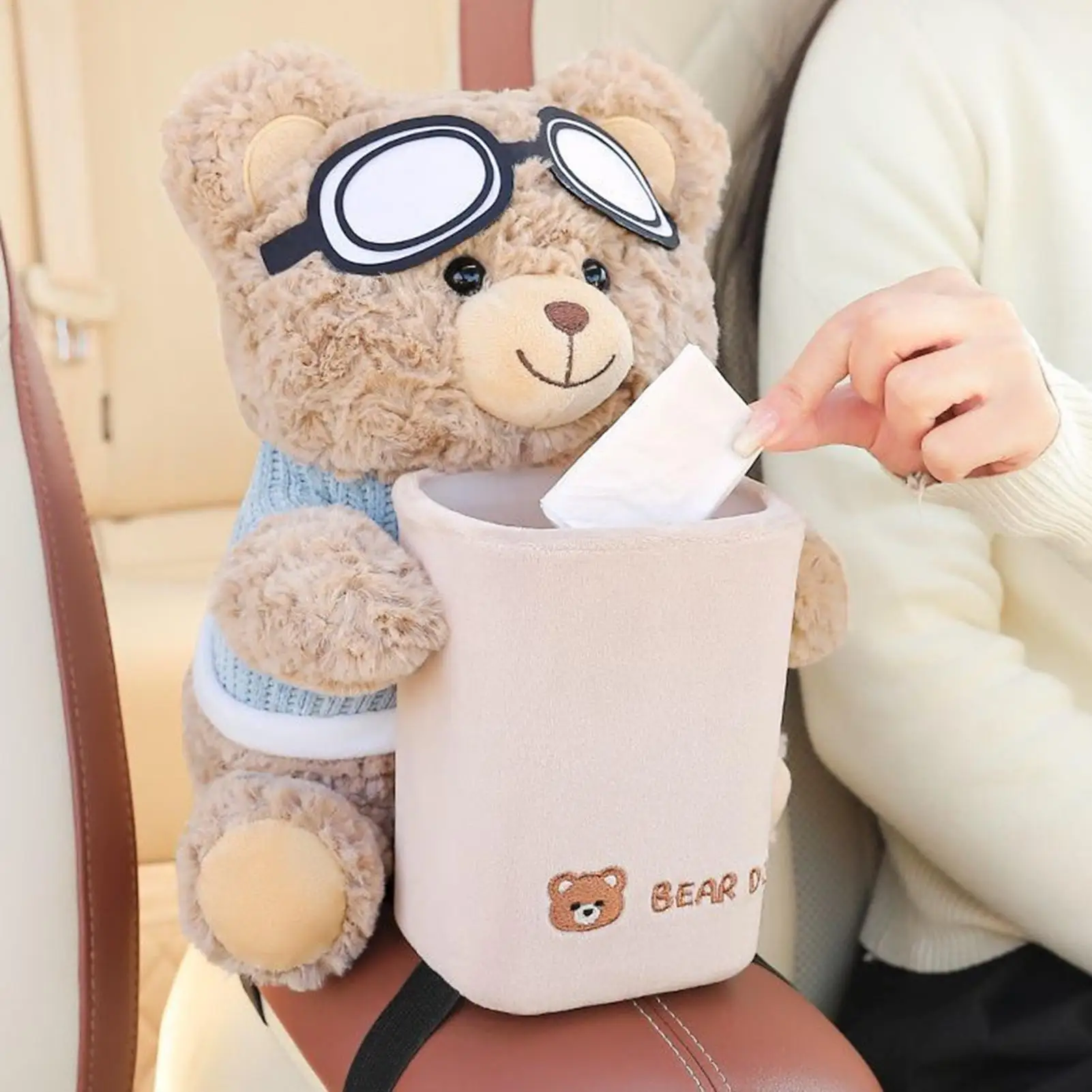 

Car Armrest Tissue Holder Car Trash with Tissue Box Cute Bear Plush convenient Waterproof Car Armrest Storage Console Accessorie