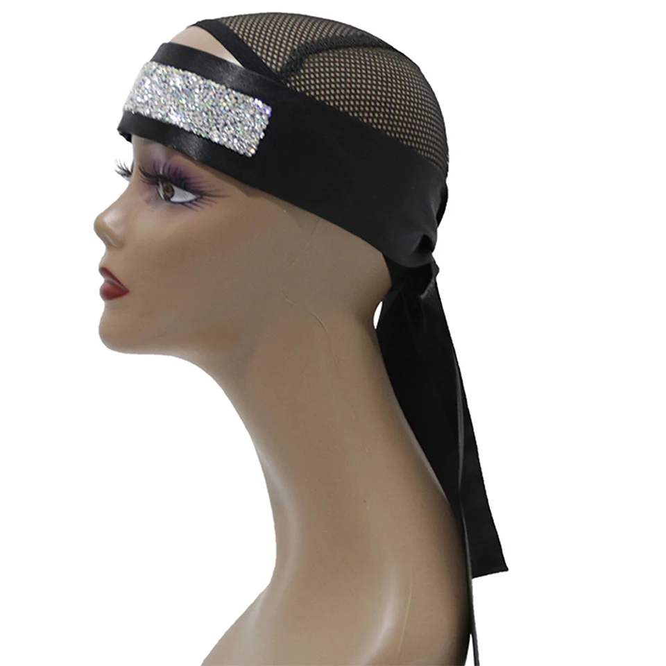 Blingbling czarna jedwabista opaska na głowę z dżetów długie włosy okłady na peruki satynowy szalik krawędziowy dla kobiet
