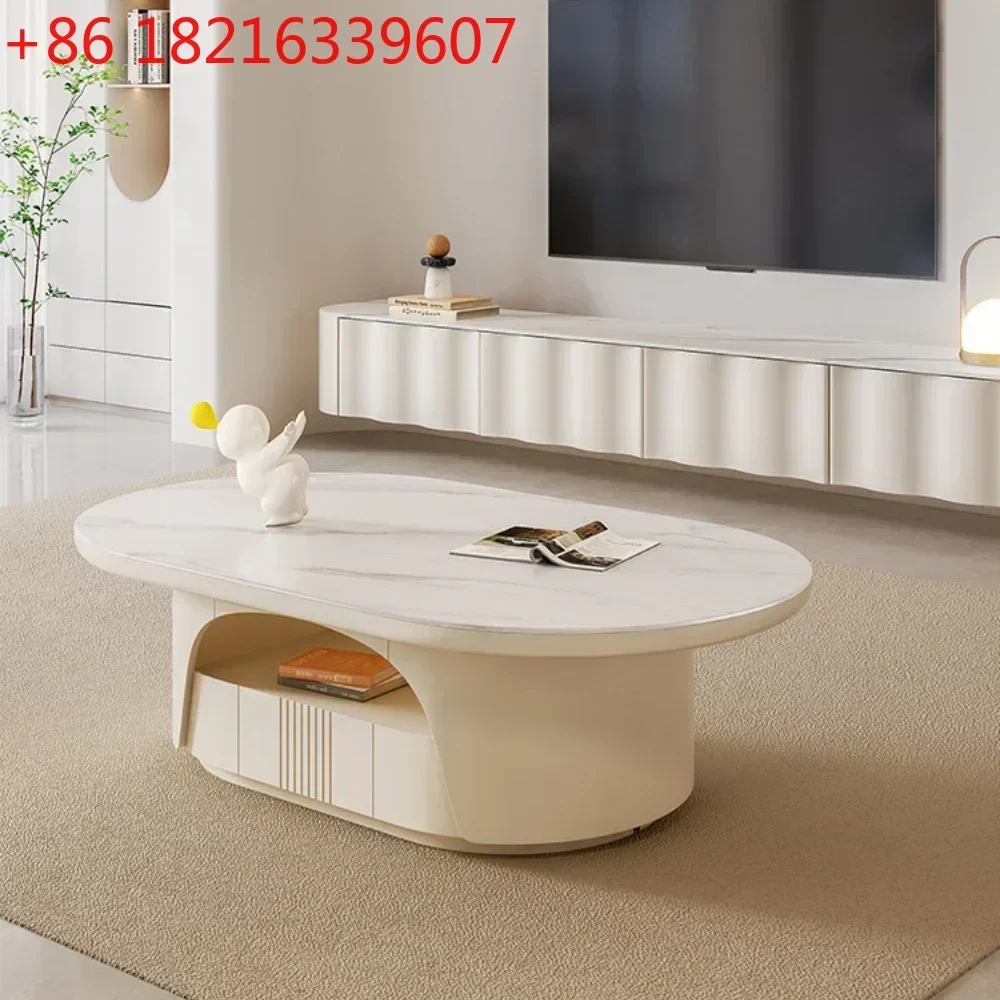 TAO Oval Stone Plate Coffee Table TV Cabinet Combination Cream Style Light Luxury Modern Minimalist Living Room Home