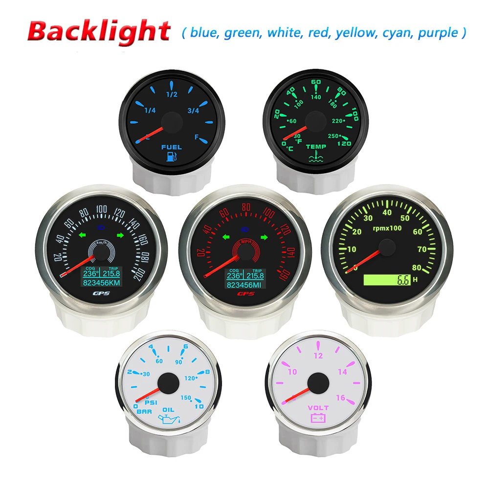 Rhaxel 85mm Classical GPS Speedometer 0-160MPH 0-200K with 8000RPM Tachometer with 52mm Fuel Level Gauge with 7 Colors Backlight