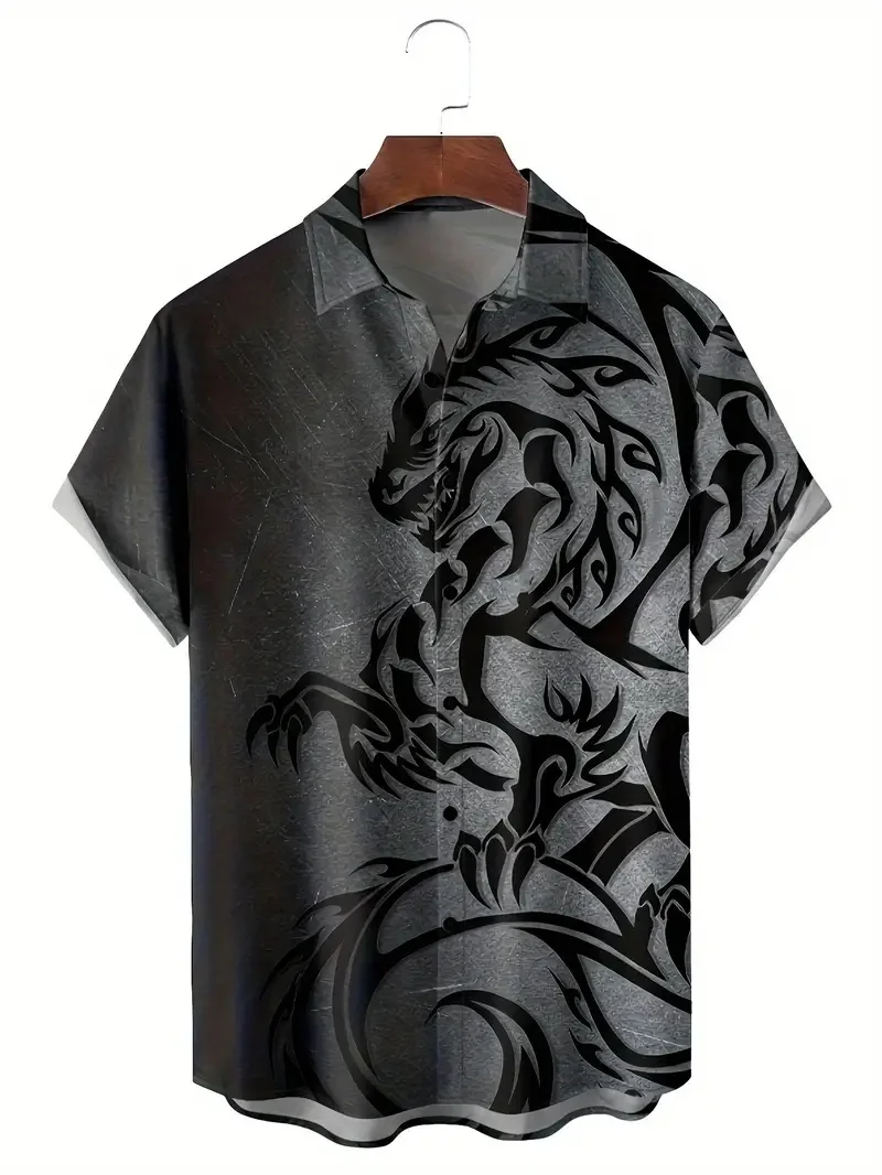 Chinese dragon pattern print short sleeve lapel shirt tops, men\'s casual button down fashion shirts for daily and resort beach p