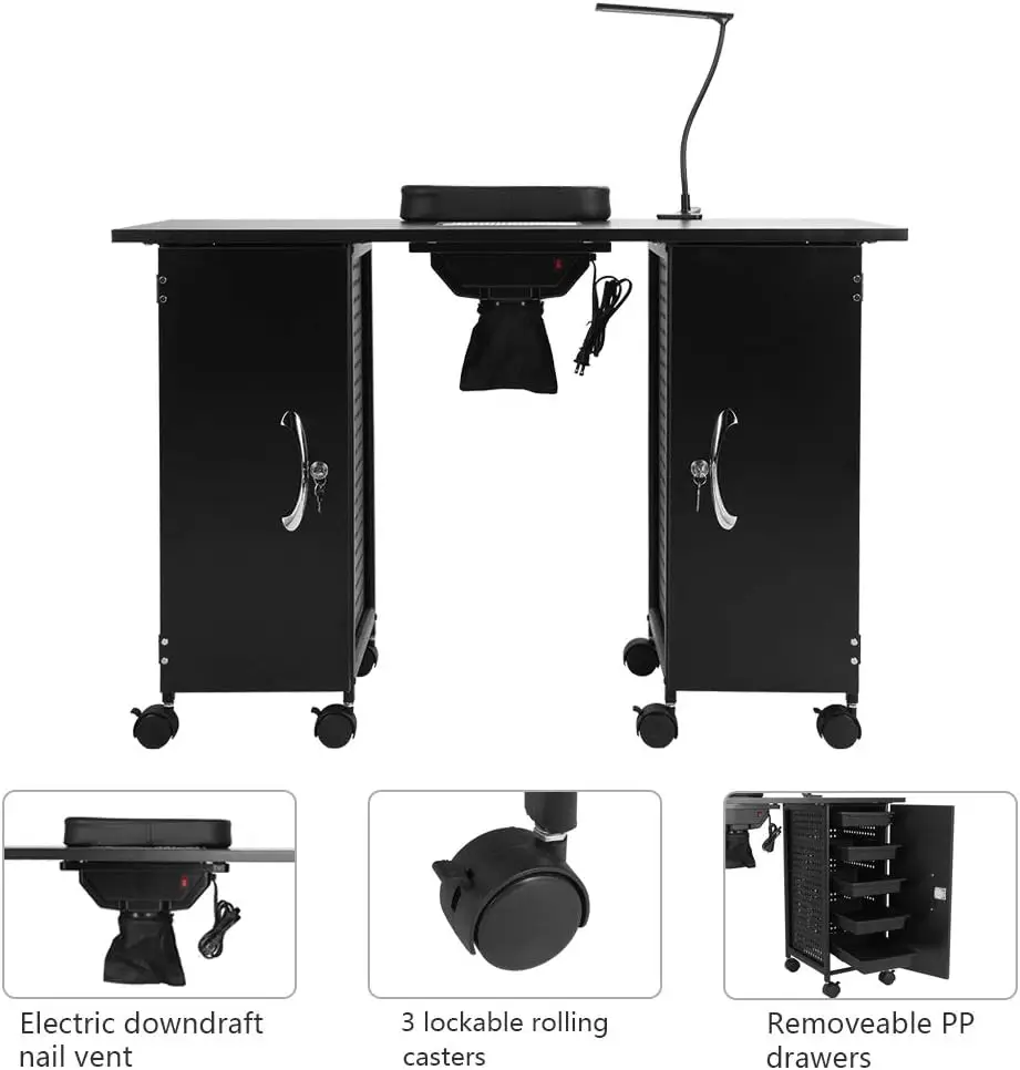 Manicure Table Nail Desk w/Electric Downdraft Vent,Iron Frame Beauty Spa Salon Workstation w/Wrist Rest,Lockable Cabinets,