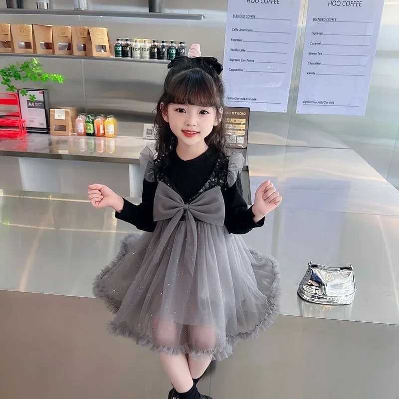 Girls Long Sleeve Mesh Princess Dress Baby Korean Style Stylish Spring Outfit Puff Skirt New 2024 Spring Autumn Children's Dress