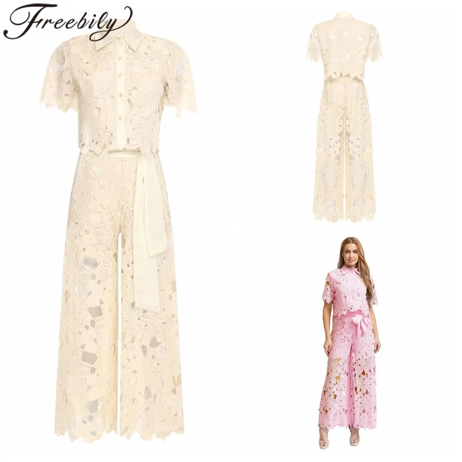Elegant Women Pants Suit Sets Short Sleeve Lapel Outfits Floral Hollow Out Suits Banquet Casual Evening Party Wedding Vestidos