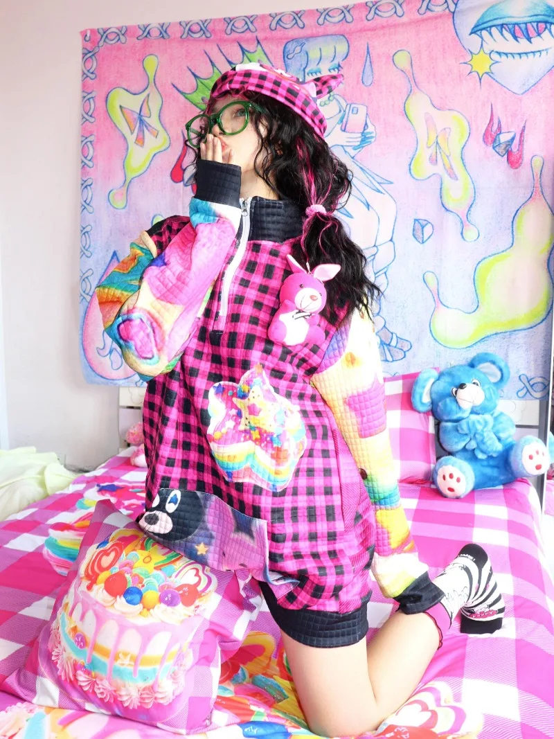 2025 Japanese Autumn and Winter Y2K Harajuku Niche Original Printed Pullover Sweater Zipper Top For Women