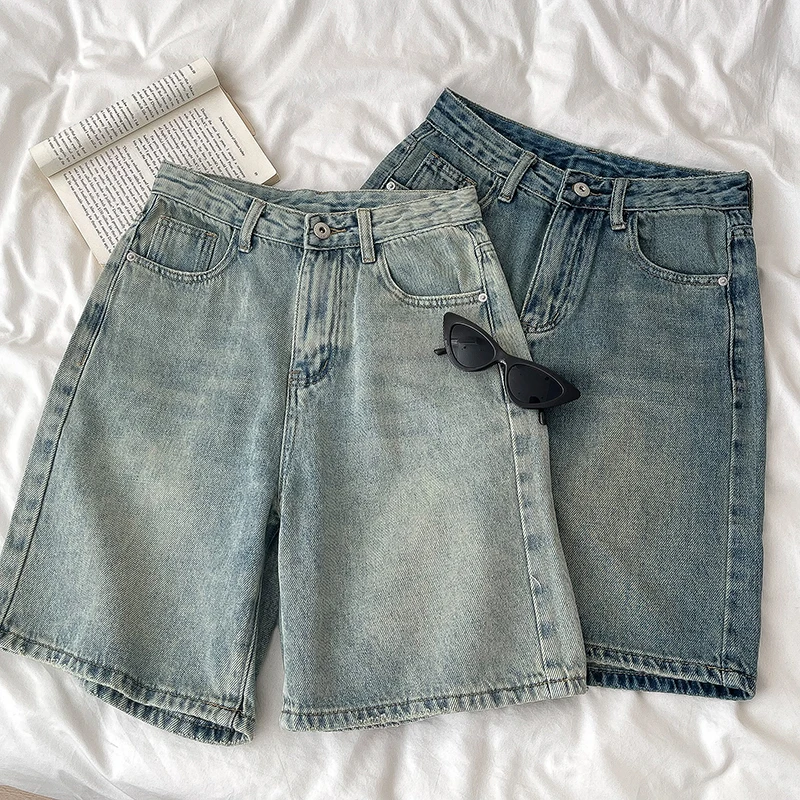 Retro Denim Shorts Women Summer High Waist Loose Wide Leg Straight Short Pants Versatile Casual Half Pants Female Streetwear