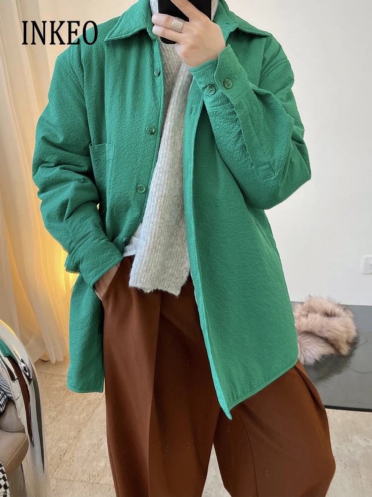 

High quality Women Cotton padded jacket Shirt 2023 Autumn winter Oversized Single breasted outwear Korean clothing INKEO 3O251