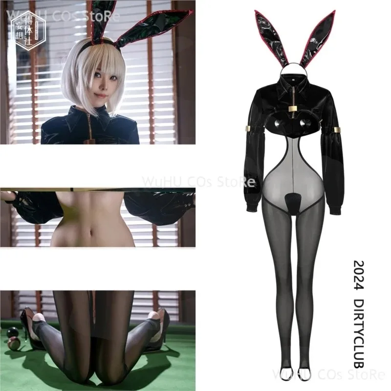 متوفر في المخزون التصميم الأصلي بو الجلود عكس الأرنب فتاة تأثيري حلي بذلة سوداء قماش شبكي ينغيرييس المرأة مثير تأثيري