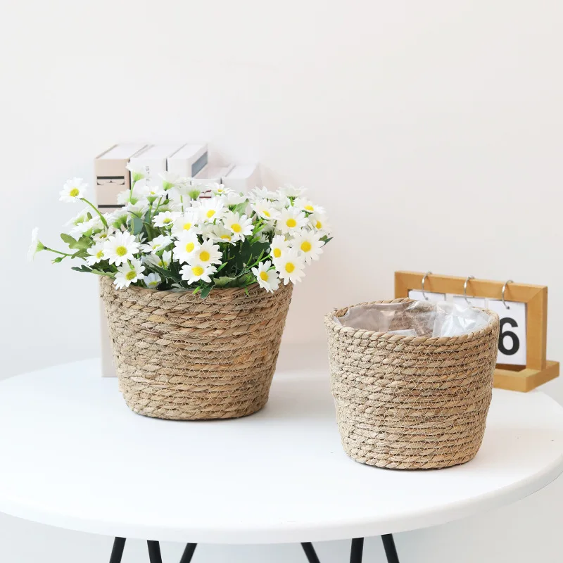 Straw Weaving Flower Plant Pot Wicker Basket Rattan Flowerpot Storage Baskets Garden Flowerpot Grass Woven Planter Basket