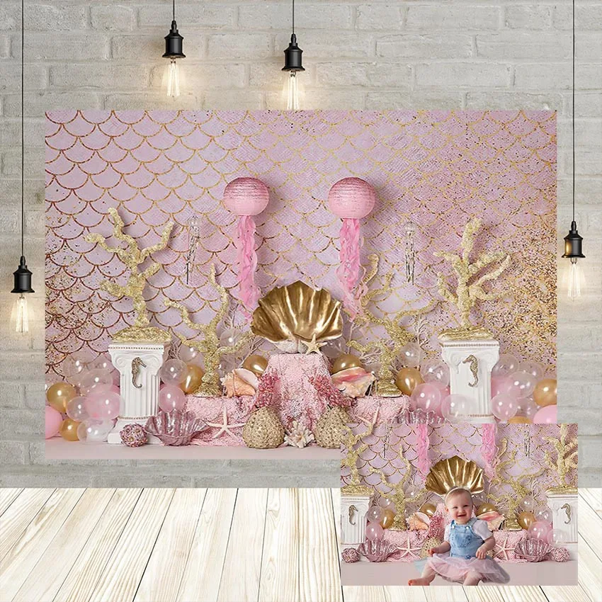 Mermaid Princess Photocall Photography Background Girl 1st Birthday Decor Glitters Mermaid Tail Balloon Backdrop Photo Studio