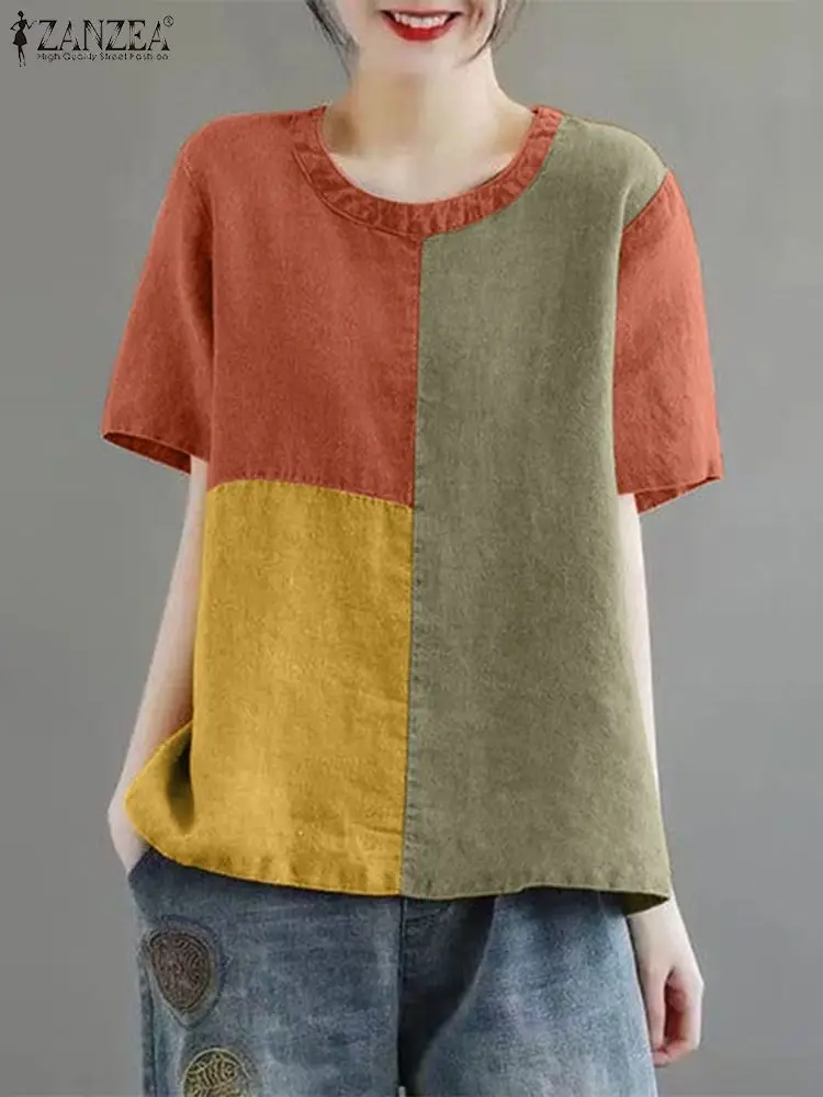 ZANZEA damska patchworkowa bluzka 2024 letnie tuniki z krótkim rękawem modne koszule z okrągłym dekoltem Casual luźne wakacyjne bawełniane lniane topy