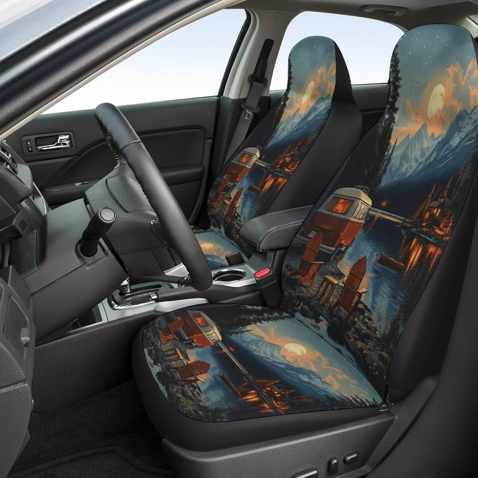 Set Of Car Seat Covers Designed With A Moonlit Lake Theme, Suitable For Various Vehicles. This Stylish And Unique Full Set Inclu