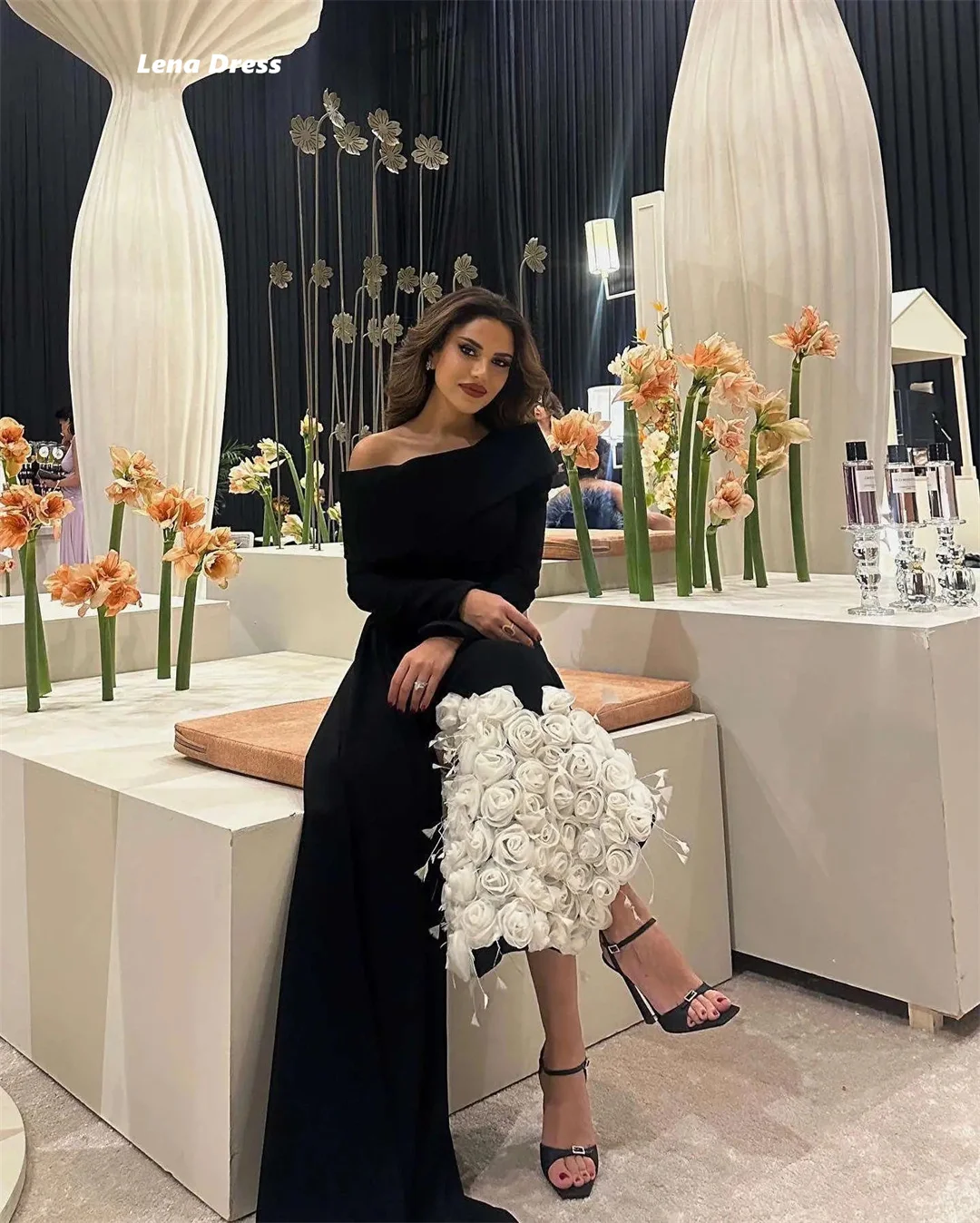 Lena Luxurious Women's Evening Dresses for Special Occasions Custom Made 3D Flowers Fish Tail Black Long Sleeves Dress Prom image 2