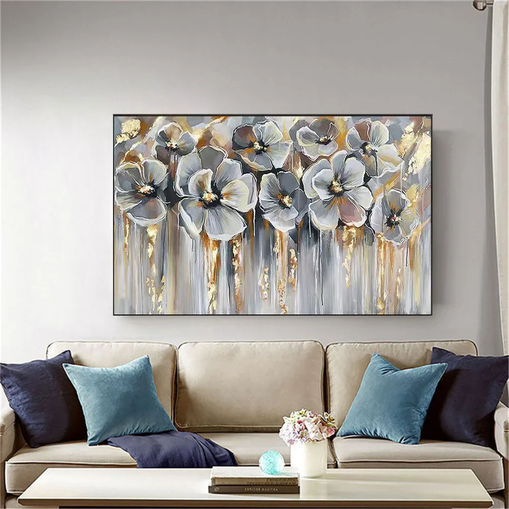 

Handmade White And Gold Texture Floral Oil Painting Wall Art Picture On Canvas Abstract Landscape Mural For Home Room Decor Gift