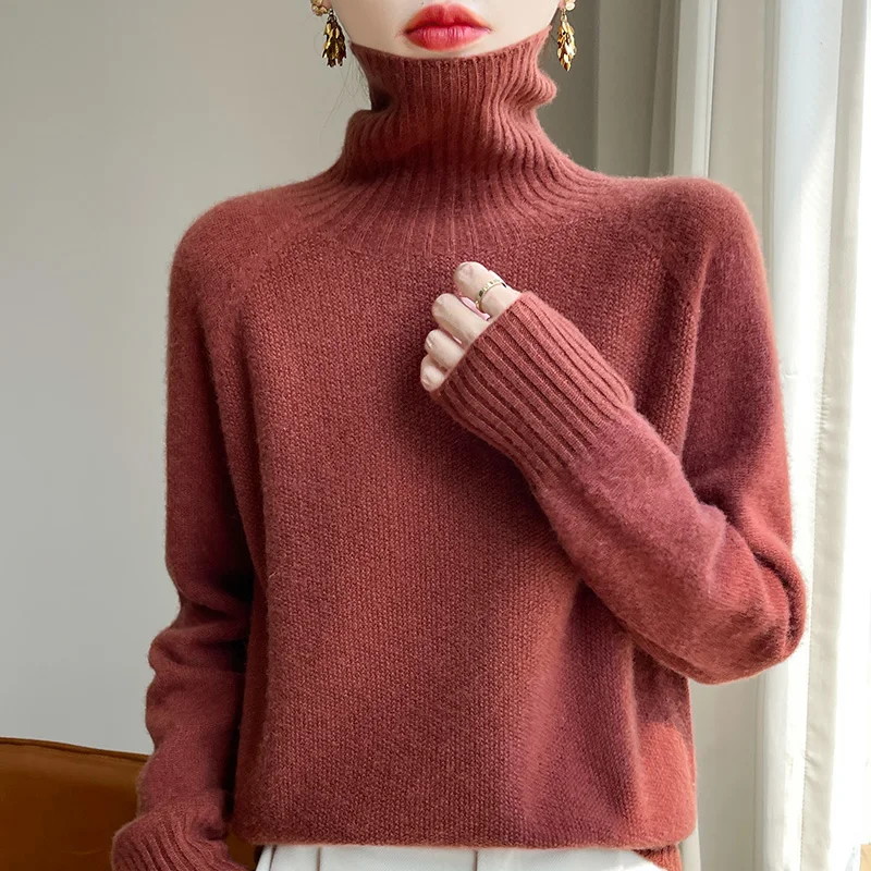 Autumn/Winter New 100% Pure Wool Sweater Casual Knitted Hoodie Thickened High Neck Ladies' Tops Loose Cashmere Blouse Basic HOT