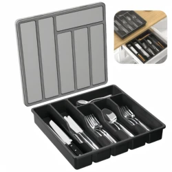 Silverware Organizer with Lid Utensil Tray for Kitchen Drawer Countertop Flatware and Cutlery Holder for Spoons Forks Knives