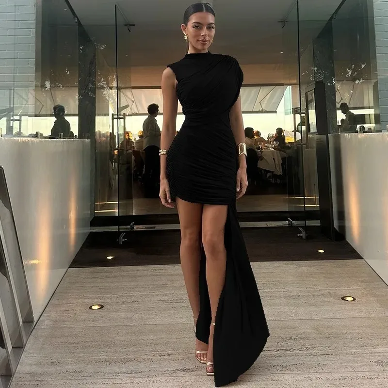 

Women's Turtleneck Sleeveless Pleated Bandage Irregular Mini Dress, Low Waist, Hips Wrapped, Solid Color