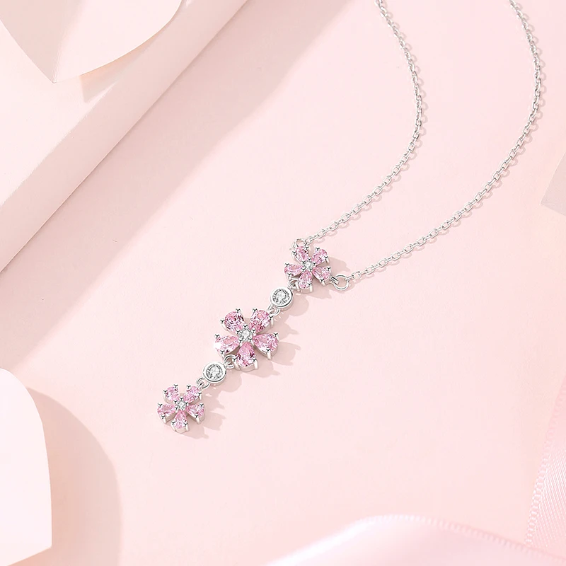 S925 Silver Tassel Plum Blossom Necklace For Women Pink Zircons Original Design Premium Peachy Flowers 45cm Comfortable Choker