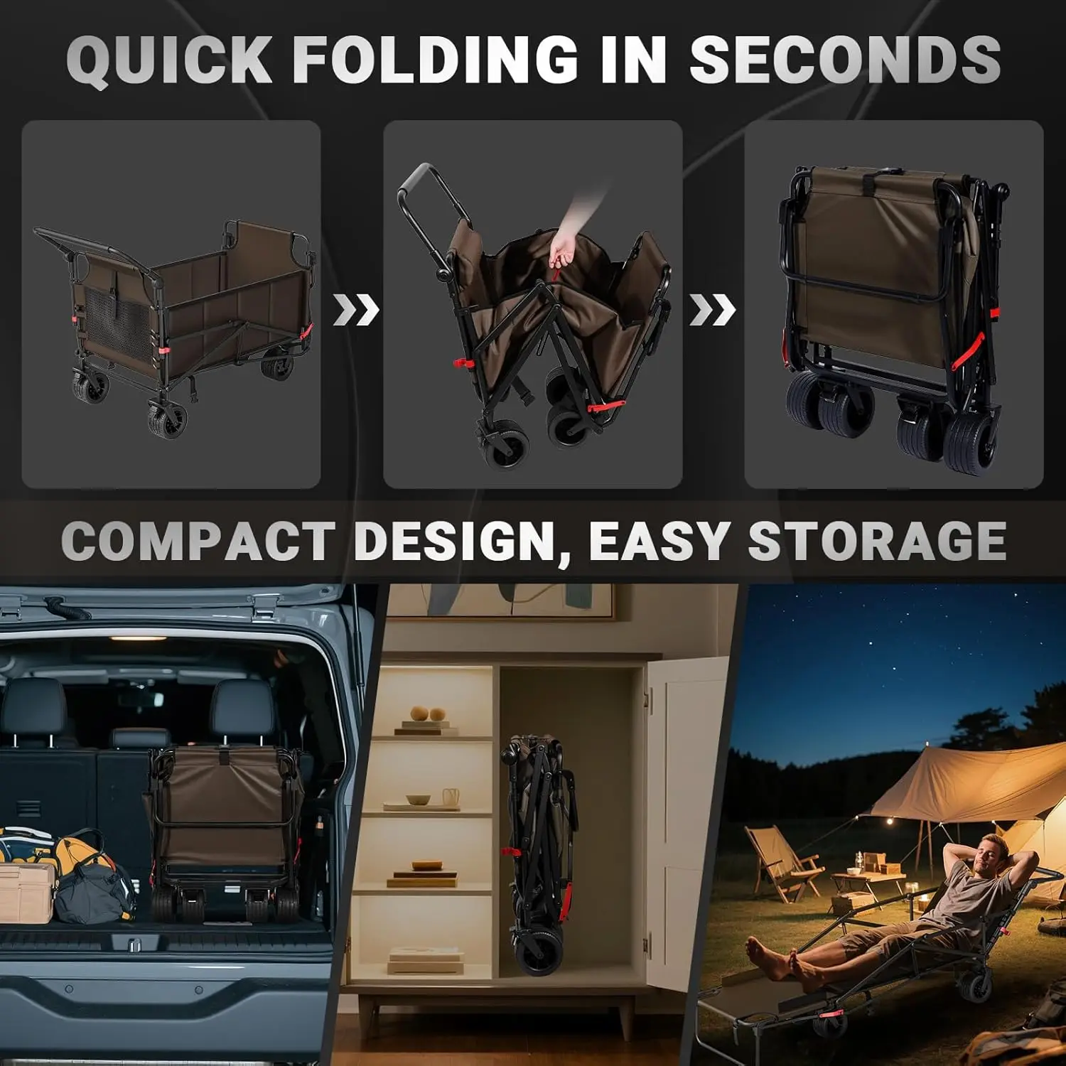 عربة قابلة للطي شديدة التحمل - عربة قابلة للطي 2 في 1، سعة 650 رطل، عجلات لجميع التضاريس مع دعامات وجيوب جانبية (بني) تخفيضات كبيرة