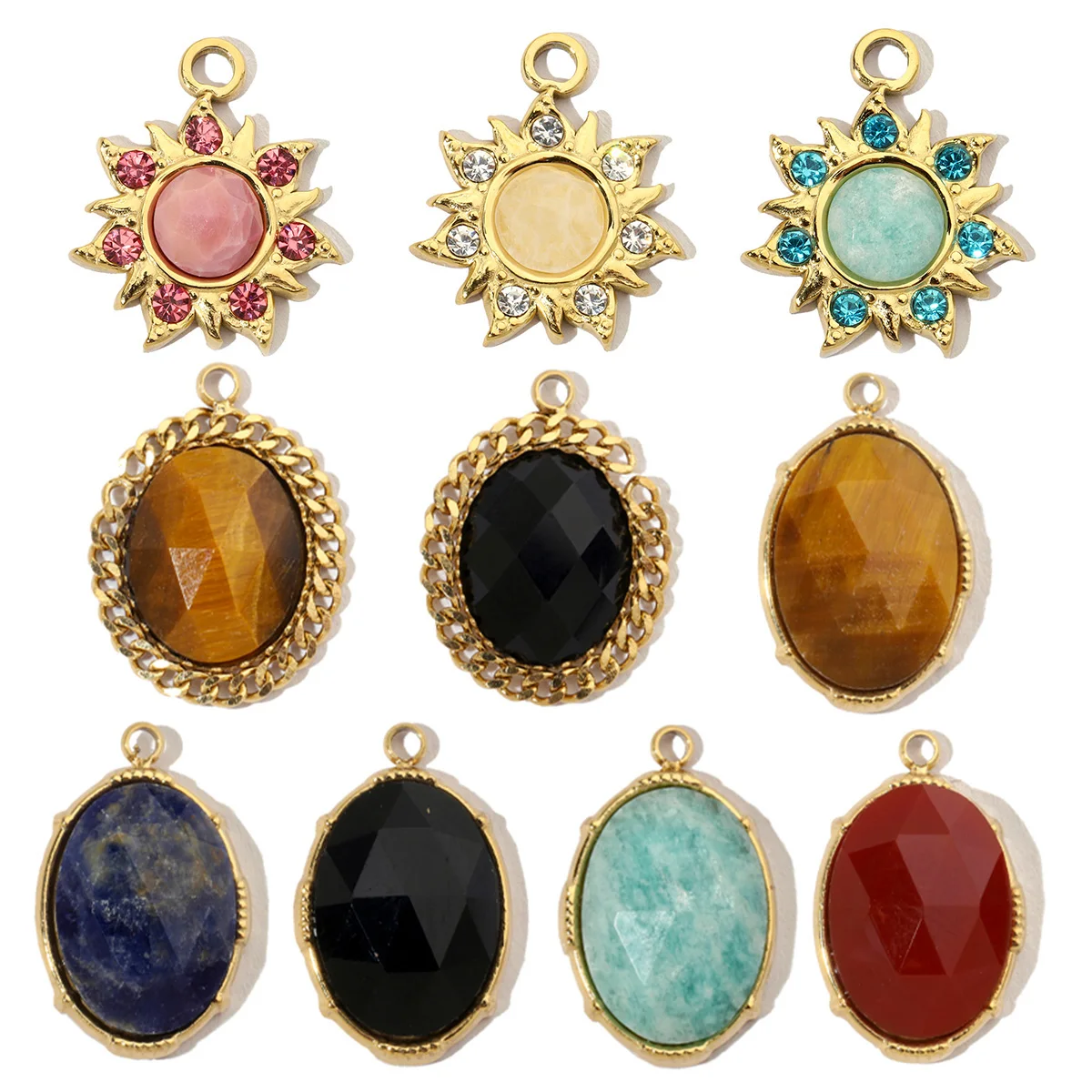 3Pcs/Lot Stainless Steel Oval Natural Stone Charms Sun Pendants For DIY Making Earrings Necklace Jewelry Accessories Wholesale