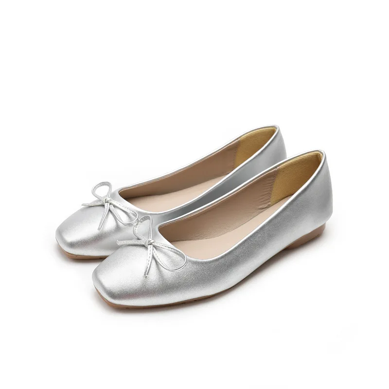 Sweet pink color bowtie flats women ballerina shoes japanned leather flat shoes for woman soft bottom mocasines big size 43