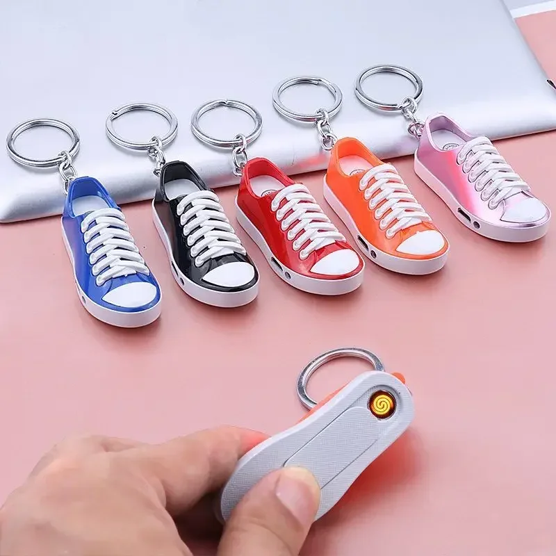 Mini USB Keychain Flat Shoes Lighter Windproof Charging Open Flame Butane Lighter Cigarette Accessories Personalized Gift