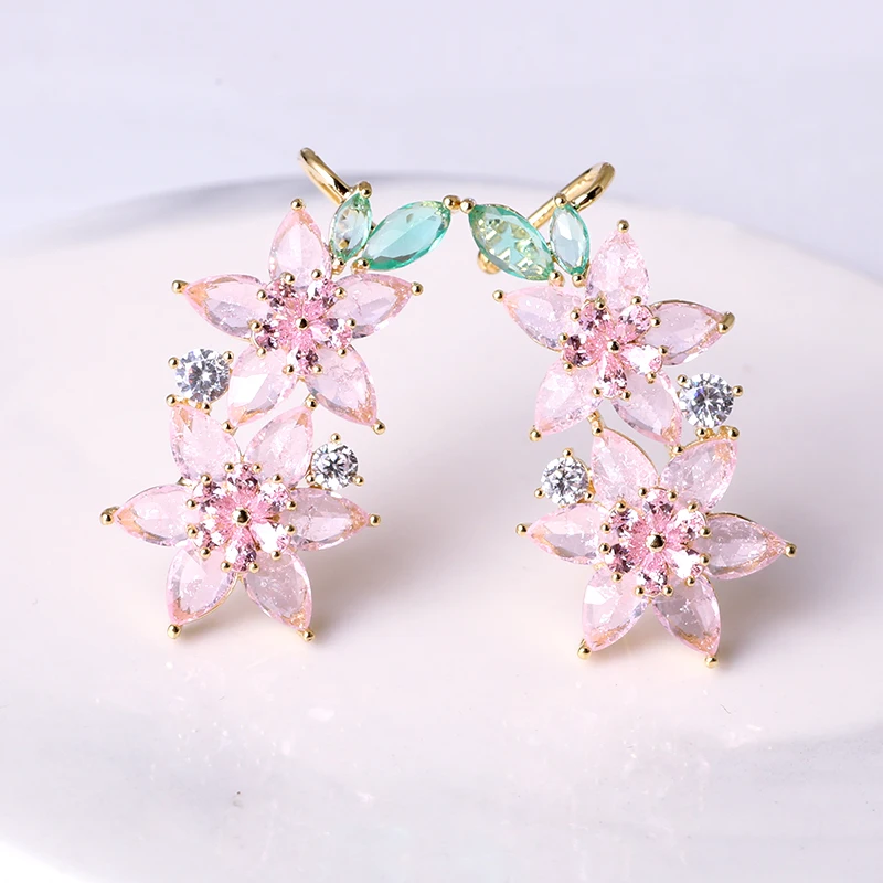 Beautiful Ice Stone Flower Cuff Earrings Elegant Pink AAA Cubic Zirconia Sweety Flowers Stud Earrings For Women