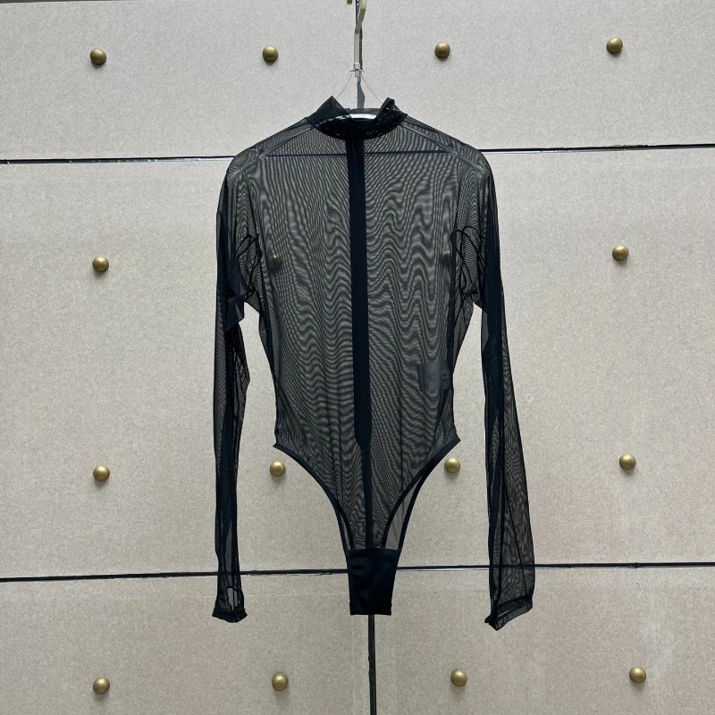 

Black Three Dimensional Geometric Letters See Through Long Sleeve Bodysuit 2024 Summer Sexy New Collection High Quality Clothing