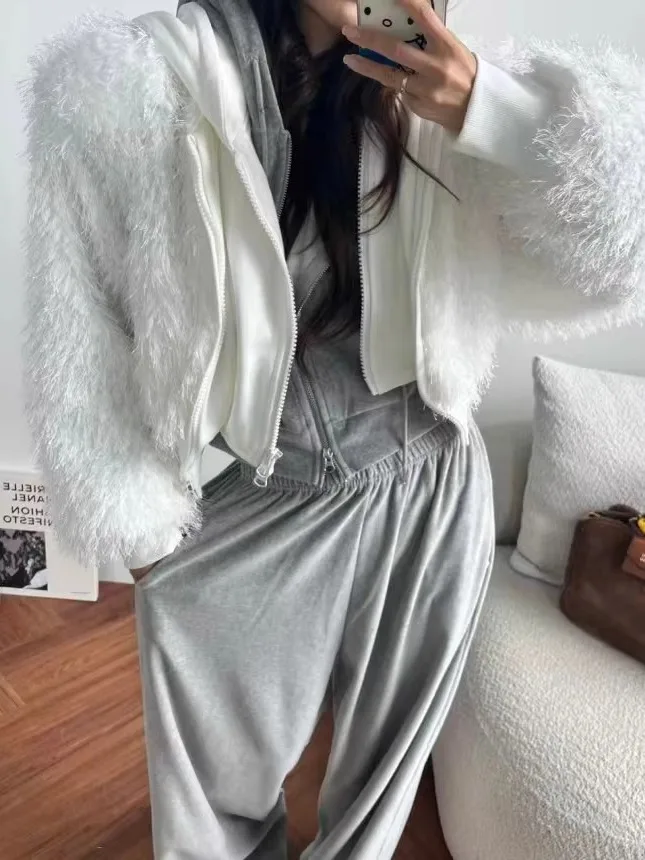 

Thiened пушистый хлопковый тюнер женский осенне-зимний теплый модный топ с капюшоном на молнии на талии Inward ort Sle из двух предметов