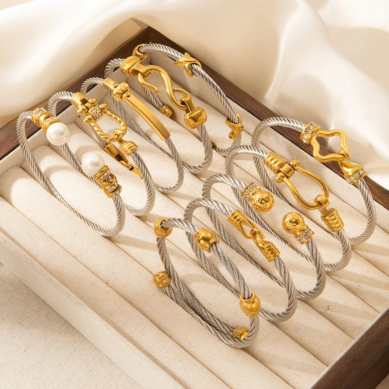 1pcs Stainless Steel Gold-plated Bangle Trendy Retro Hip-hop Style Bracelet Fried Dough Twists Steel Wire Rope Colorfast Bangle