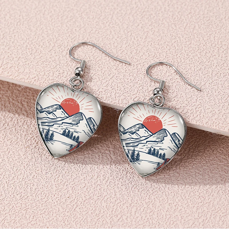 2024 New Mountain Camping Dangle Earring Heart Shaped Earrings Handmade Glass Dome Jewelry